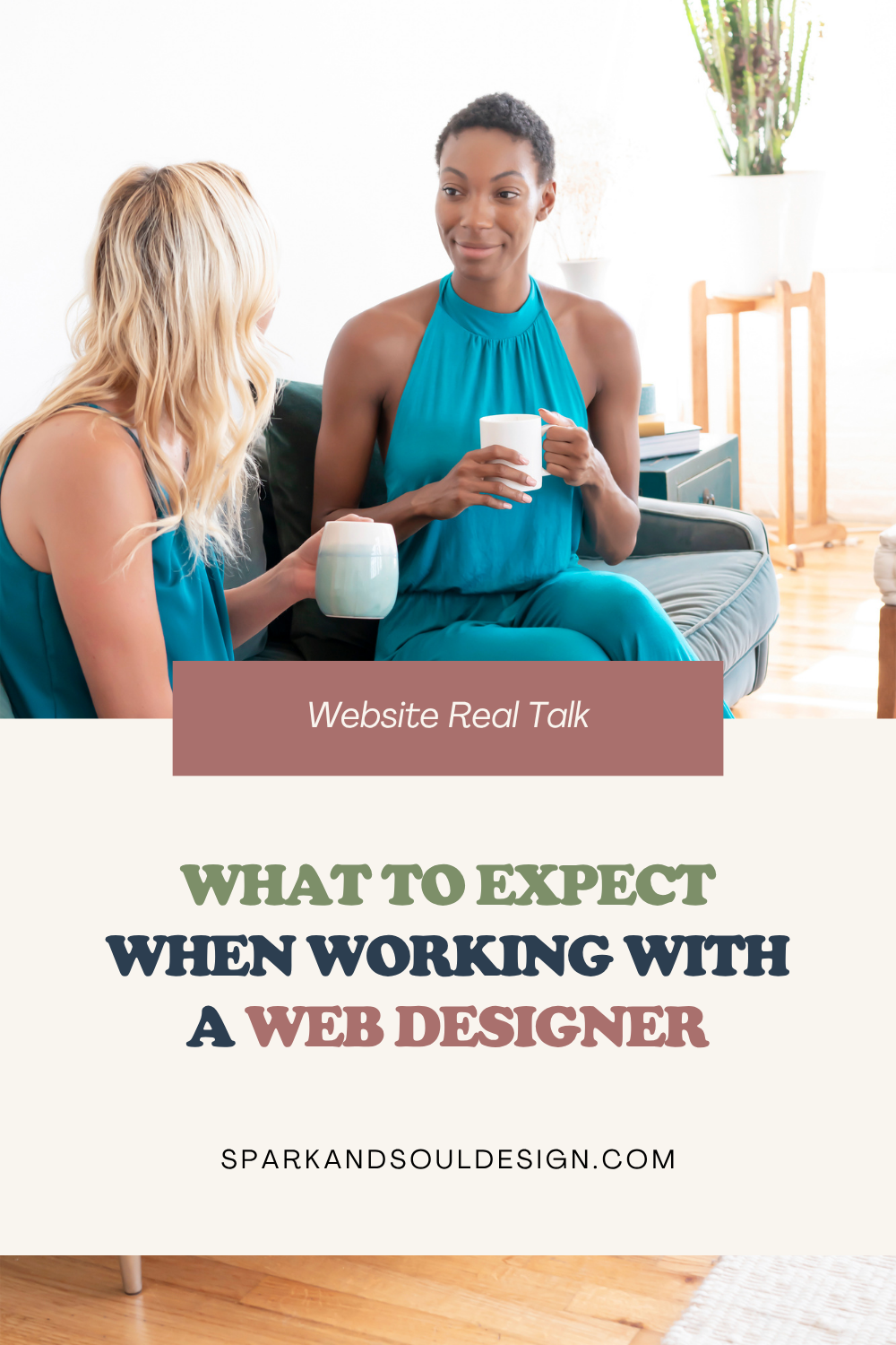 Woman in a cream sweater typing on a laptop, with the title What to Expect When Working With a Web Designer